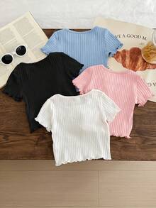 SHEIN LMoss Kids 4pcs Set Casual Solid Color Knit Ruffle Hem Short Sleeve Top - Multicolor - View 2