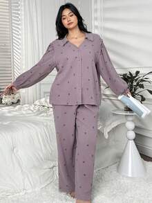 Dazy Plus 2pcs Plus Size Women Ditsy Floral Loose Top With Lace Trim And Casual Pants Pajama Set, Elegant Home Wear - Dusty Purple - View 4