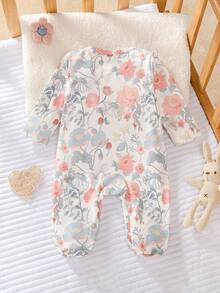 SHEIN Newborn Baby Girl Cute Bow Print Knitted Soft Casual Crew Neck Long Sleeve Footie Jumpsuit, Soft & Comfortable, Suitable For Valentine's Day Outfit And Gift - Multicolor - View 2