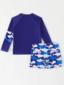 Boys Long Sleeve Rash Guard Set (4-7Y) Shark Print UPF 50+ Sun Protection Swim Trunks - Multicolor - View 2