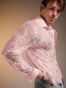 FeverCity Men's Fashionable Sexy Sheer Lace Mesh Shirt - Pink - View 8