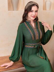 SHEIN Teen Girl Casual Vacation V-Neck Lantern Sleeve Ribbon Decor Dress, Solid Color With Belt, Olive Green Teen Green Dress Modest Green Dress Embroidered Long Dress Bohemian Green Dress Green Long Sleeve Dress - Dark Green - View 6
