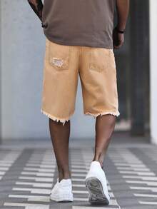 Manfinity Roughcore Men's Casual Washed Distressed Denim Shorts Ripped Shorts Men - Brown - View 5