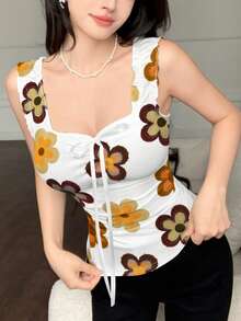 Modelyn Denim Texture Yellow Floral All-Over Print Summer Fashion Tie-Up Bow Knot Fitted Bodycon Women Tank Top - Multicolor - View 3