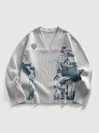 Street Life Herren blauer V-Ausschnitt Pullover mit architektonischem Linienmuster