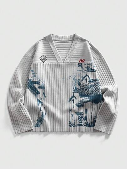 Street Life Men's Blue V-Neck Sweater With Architectural Line Pattern