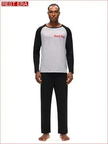 SHEIN 1pc Men's Raglan Sleeve Sweatshirt, Gray Body With Black Sleeves And Collar, Red "Rest Era" Print On Chest, Casual And Versatile Design, Suitable For Everyday Wear - Multicolor - View 5