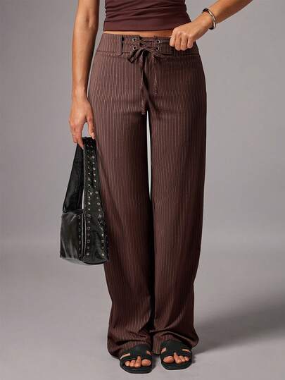 Avenya Striped Drawstring Waist Loose Sweatshirt And Pants Set