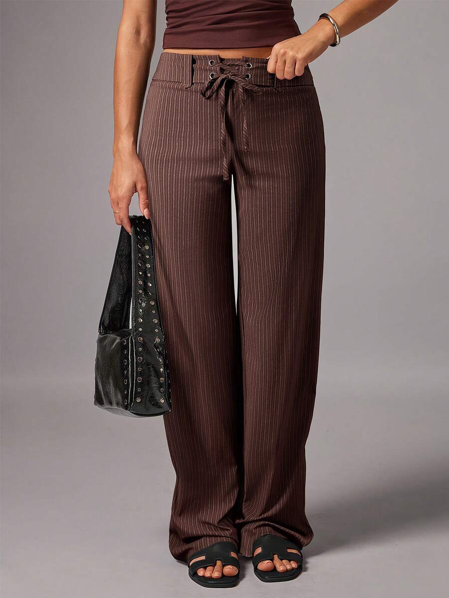 Avenya Striped Drawstring Waist Loose Sweatshirt And Pants Set - Brown - View 1