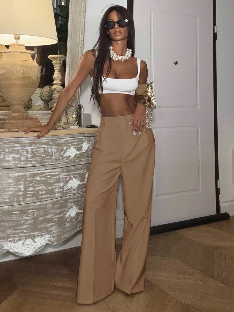 Maillard High Waisted Wide Leg Suit Trousers - Khaki - View 1