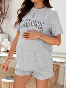 SHEIN Maternity Clothes  Nursing Two Piece Set Casual Summer Comfortable Casual Grey Letter-Print Zip-Up Nursing T-Shirt And Shorts Set. Adjustable Elastic Waistband. Shorts With Pockets. - Grey - View 4