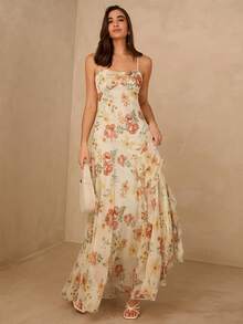 Enchnt Đầm không tay kiểu Pháp lãng mạn họa tiết hoa nhí, thắt eo, xếp ly ở gấu váy dành cho nữ. - Màu be - Xem 5