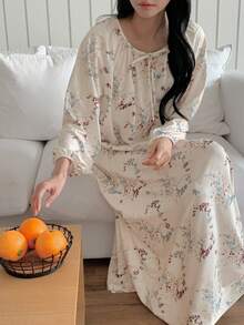 DAZY Plant Pattern Full Print Ruched Drawstring Neck Lantern Sleeve Long Loose Women Nightgown - White - View 4