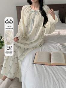 DAZY 女士长款睡裙，通体波浪纹图案，荷叶边下摆 - 白色 - 查看 3