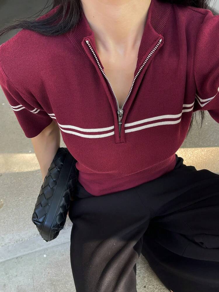 Spring & Summer Red New Year & Christmas Striped Color Block Loose Casual Office Commute Elegant Crew Neck Short Sleeve Knit Sweater Top For Women