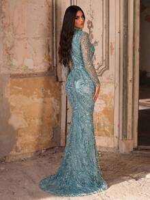 Aureia 优雅、浪漫、奢华、蓝色、亮片面料、长袖、鱼尾下摆、拖尾、时尚、节日、假日、生日派对、婚礼、正式晚宴礼服（奢华版） - 藍色 - 查看 3