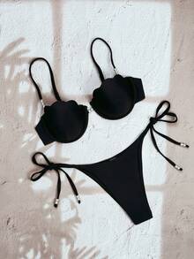 Bonvoyette 2026 Spring/Summer Black Spaghetti Strap Pearl Shell Hardcover Cleavage Sexy Side Tie Bikini Swimsuit 2 Pieces Set Padded Push Up Bikini Push Up Bra Swimsuit Underwire Bikini Set Sexy Vacation Outfits Women Navy Bikini Vacation Bikini European Summer Bikini Boat Party Outfit Women - Black - View 3