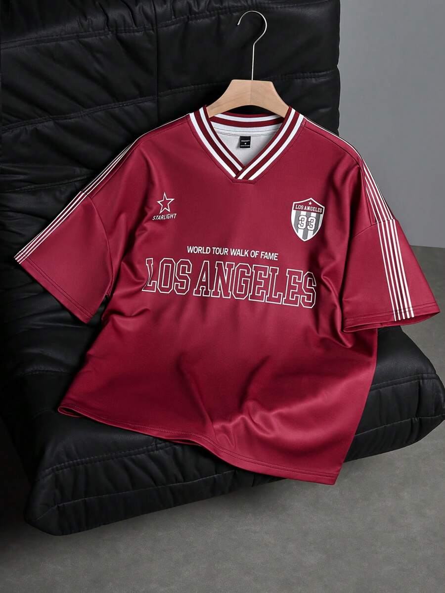 Aesthetic Post Men's V-Neck Letter & Number Print Casual Commuter Short Sleeve T-Shirt - Burgundy - View 1