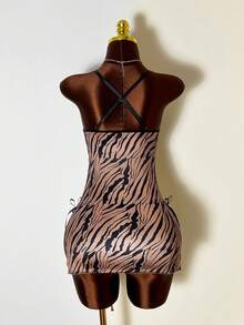 SHEIN Conjunto de 2 piezas de vestido de tirantes con estampado de cebra y encaje clásico con doble abertura, para mujer - Multicolor - Ver 2