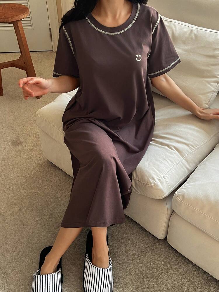 Graphic Print Contrast Trim Design T-Shirt Dress, Long Length Women Loungewear