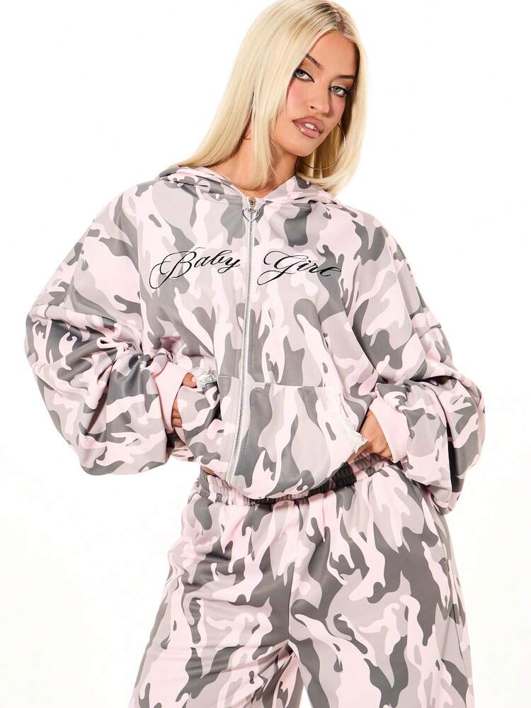 SUMWON WOMEN Pink Camo Lace Trim Zip Hoodie For Valentine