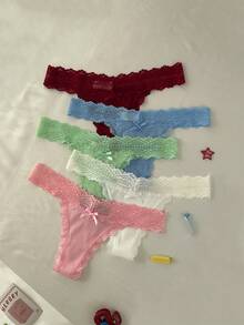 Eraneu 5pcs/Pack Sexy Lace Colorful Comfortable Women's Thong Panties Set Women Thong Underwear Lace Thongs For Women Lace Panties For Women Lace Thong Pack Lingerie Sexy Women - Multicolor - View 7