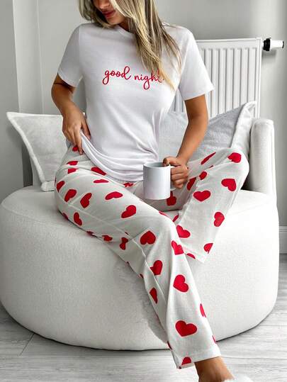 EURMUSE Letter & Plaid Heart Print Soft Comfortable Women Sleepwear Set With Short Sleeve