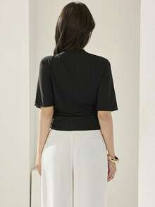 Heiryn 女士优雅通勤纯色金属装饰T恤 - 黑色 - 查看 6