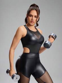 Innovista Damen einfarbiger Mesh-Patchwork Jumpsuit mit Ausschnitten, andere Tanzkleidung PU Mesh Anzug schwarzer ärmelloser Jumpsuit Unitard, abnehmbare Polster, unsichtbarer Reißverschluss hinten, dehnbare PU-Paneele, atmungsaktiver Mesh, formende Passform | Gymtok Moto Athleisure - Schwarz - Übersicht 4