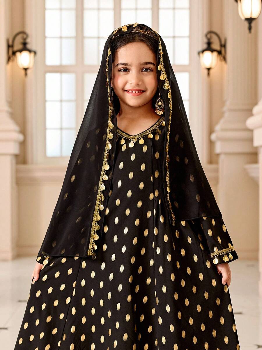 SHEIN Girls'Traditional Black Gold Polka Dot Vintage Dress, Autumn Young Girls Arabic Abaya Jalabiyas, Elegant Sequin Tassel Wedding Dress With Shawl, Arabic Clothing - Black - View 1