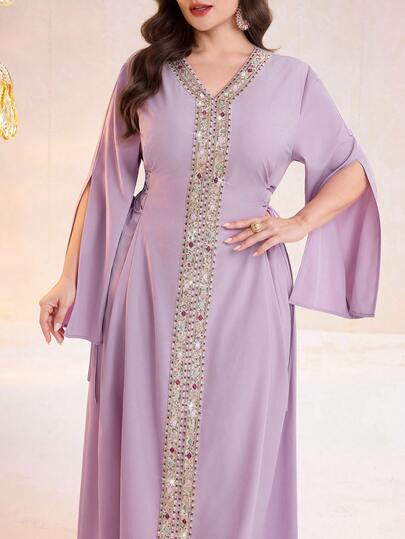 Al Najma Vestido elegante árabe de manga larga con cuello en V, parches de lentejuelas y talla grande para mujer