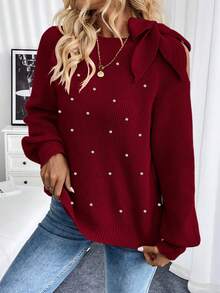 EMERY ROSE Women's Fashion Pearl Detail Bow Shoulder Sweater Burgundy Sweater Women's Sweater Cold Shoulder Sweater Pearl Sweater - Burgundy - View 7