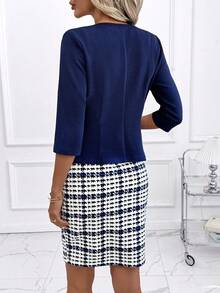 SHEIN Clasi Navy Blue Cardigan Knit Jacket, Elastic, Waist Cinched, Slimming Effect Elegant Navy & White Plaid Knee-Length Dress, Suitable For Everyday, Commuting, Spring/Summer Work Suits, Office Attire, Spring Women's Two-Piece Sets
