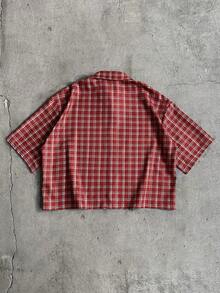 AXEPEAK Men's Plaid Collar Single-Breasted Letter Print Casual Commuter Short Sleeve Shirt - Red - View 2