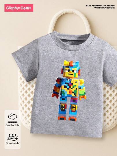 GraphicGems 年轻男孩休闲简约时尚积木印花短袖圆领T恤，适合夏季
