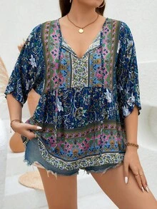 Breezaya Plus Size Casual Summer Floral Print Shirt With Tie Knot Neckline - Blue - View 1