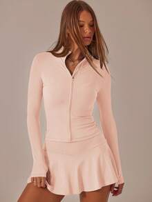 Aralina Leisurewear Zip Front Long Sleeve Top And High Waist Biker Shorts Two Pieces Set - Party Punch - View 8