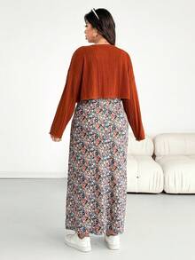 SHEIN Essnce Plus-Size Women's Autumn/Winter Fashion Casual Loose Comfortable Everyday Two Pieces Set: Orange-Brown Top And Floral Long Dress,Fall Outfits,Country Style