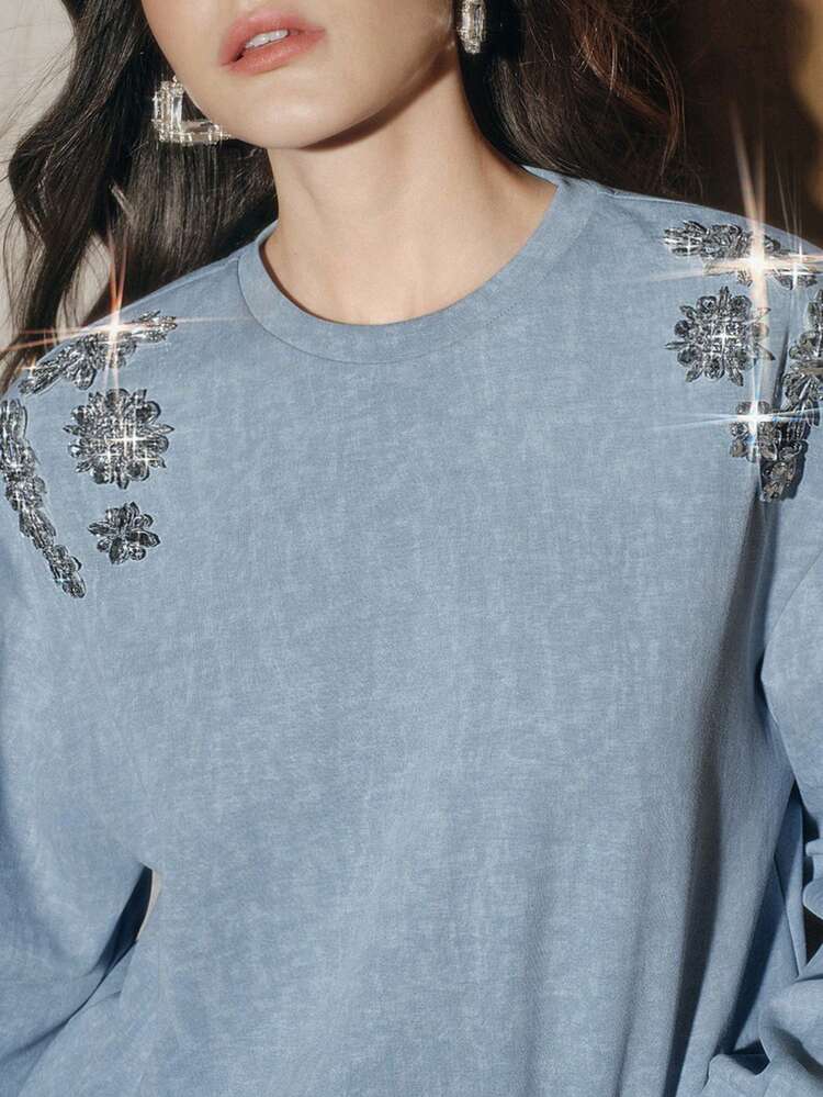 Vintage Washed Light Blue Rhinestone Embellished Casual Plus Size Sweatshirt For Women