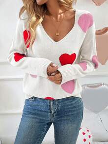 SHEIN LUNE Áo len cổ chữ V họa tiết trái tim mới cho nữ, mẫu mùa xuân 2025, áo len trái tim cho ngày Valentine, áo len trái tim mùa thu/đông dành cho nữ, áo len Valentine cho nữ, áo len chui đầu cho nữ, áo len in hình trái tim, áo len dệt kim, áo len nữ. - trắng - Xem 5