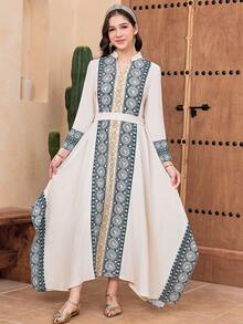 SHEIN Teen Girls' Elegant Blue Autumn Dinner Casual Print Patchwork Stand Collar V-Neck Long Sleeve Belted Maxi Woven Dress,Khaki & Apricot Abaya Islamic - Apricot - View 3