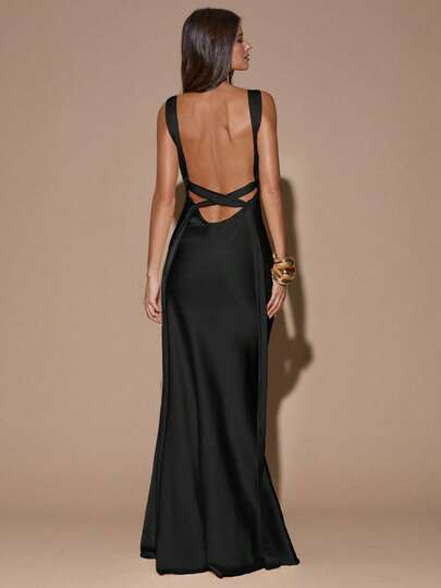 SHEIN BAE Abito minimalista e sexy con scollo a V profondo, senza maniche e con schiena scoperta, in colore giallo/crema, adatto per feste, cocktail, occasioni formali, damigelle, compleanni, Natale, casual business