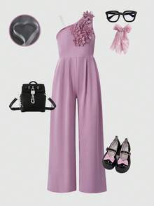 Tween Girl Casual Loose Shoulder Strap Jumpsuit With 3D Floral Decor, Suitable For Spring, Summer, Autumn Daily Wear And School - Dusty Pink - View 3