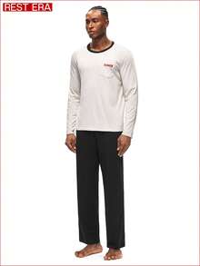 Rest Era Men's Crew Neck Long Sleeve & Long Pants Casual Pajama Set - Black - View 4