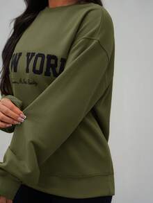 SAYEHFBABY 女士休闲字母印花落肩宽松橄榄绿色运动衫，春秋 - 軍綠色 - 查看 3