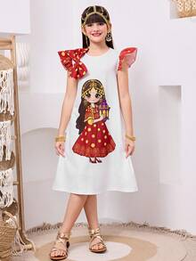 SHEIN Tween Girls' Loose Casual Round Neck Pullover Dress With Bow Decor & Cartoon Pattern - Red - View 6
