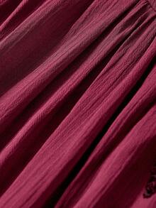 SHEIN MOD 女士花卉刺绣褶皱腰身优雅中长连衣裙，泡泡袖设计，适合派对和活动穿着 - 酒紅色 - 查看 6