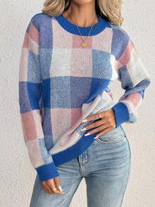 EMERY ROSE Áo len cổ tròn kẻ caro phối màu giản dị, thích hợp cho mùa Thu/Đông. - Màu xanh lam - Xem 3