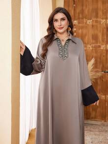 Al Najma Plus Size Women's Turkish & Arabic Traditional Long Tunic With Lace Trim Collar Kaftan Jalabiya Dress - Multicolor - View 5