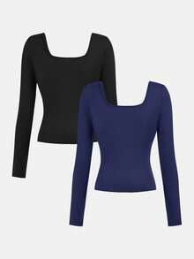 Girlism Bộ 2 áo thun cổ cao tay dài, ôm eo, nhún bèo, màu đen và xanh navy dành cho nữ tuổi teen, kiểu dáng đơn giản, dễ mặc, phù hợp cho cả đi học và năm. - Màu xanh hải quân - Xem 2
